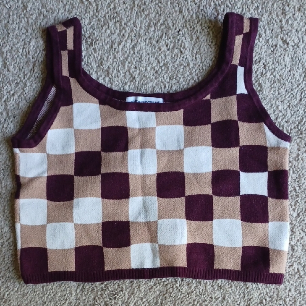 Cotton Emporium Burgundy  Brown & White Checkered Crop Top